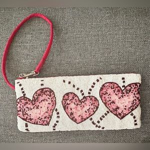 Liz Claiborne Beaded Red Hearts Zipper Strap Clutch, Wrislet 8.5” x 3”
